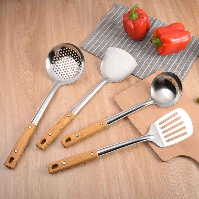 สแตนเลสทำอาหารหม้อ Shovel เครื่องครัวซุปช้อนไม้เลียนแบบ Handle Scoopเครื่องครัวสแตนเลส