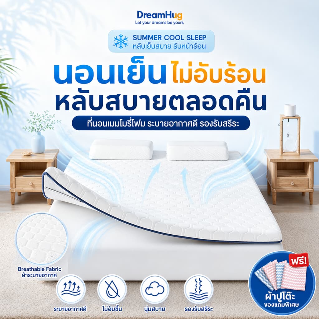 ที่นอน topper ลพรีเมียมเมมโมรี่โฟมที่นอน ขนาด 3/4/5/6ฟุต ป้องกันไรฝุ่น ช่วยลดอาการปวดหลัง รองรับสรีระ