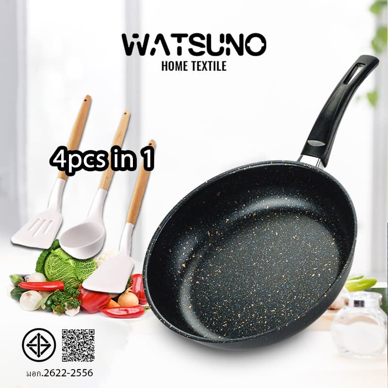 Watsuno.(โบนัสเครื่องครัวซิลิโคน) กระทะทอด กระทะเคลือบหินอ่อน ไม่ติดกระทะ ทำความสะอาดง่าย ใช้ได้กับเตาทุกประเภท 28cm